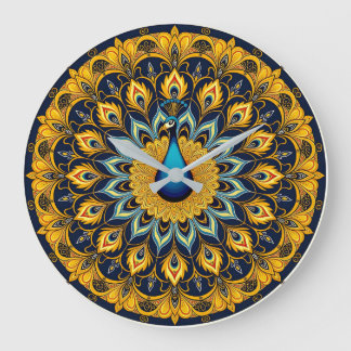 Grande Horloge Ronde Paon décoratif sur fond blanc