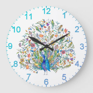 Grande Horloge Ronde Paon floral à l'aquarelle