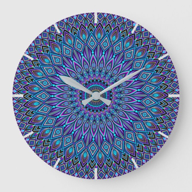 Grande Horloge Ronde Paon pourpre turquoise bleu de méditation de (Recto)