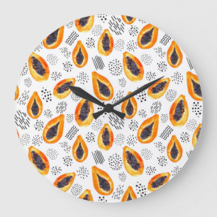 Grande Horloge Ronde Papaya fruits : motif d'aquarelle abstraite.