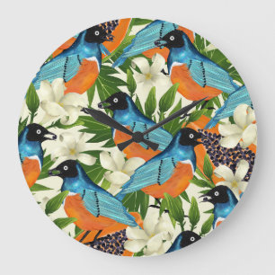 Grande Horloge Ronde papaye tropicale et motif d'oiseaux.