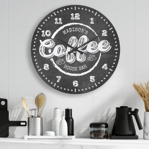 Grande Horloge Ronde Papier Ardoise Maison de Café Bar Monogramme Perso