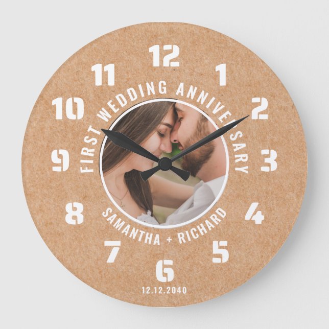 Grande Horloge Ronde Papier rustique Premier anniversaire Mariage Photo (Recto)