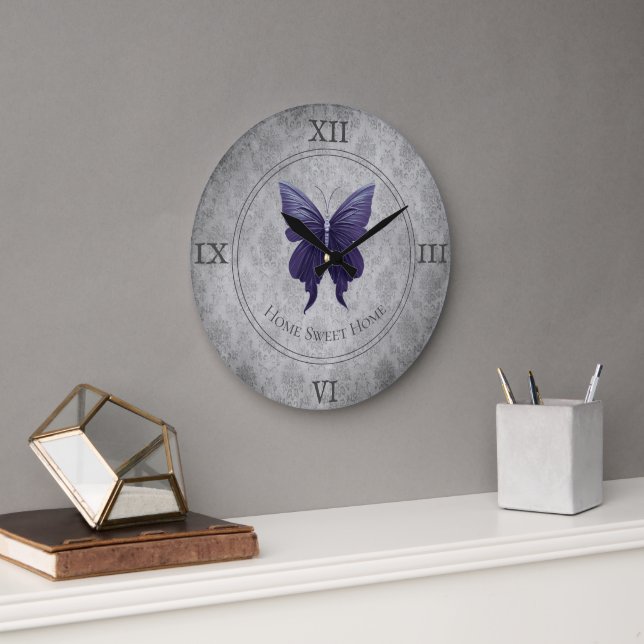 Grande Horloge Ronde Papillon à bijoux pourpre (Bureau)