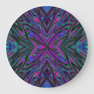 Grande Horloge Ronde Papillon Abstrait Magenta, Bleu et Vert Tripant