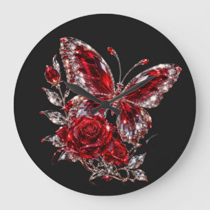 Grande Horloge Ronde Papillon de cristal de rubis et rose