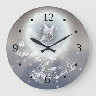 Grande Horloge Ronde Papillon floral Gris Bleu Imaginaire animal