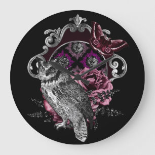 Grande Horloge Ronde Papillon Hibou Sombre Et Fleurs - Gothique