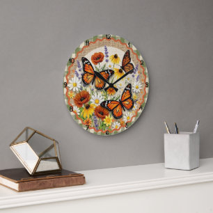 Grande Horloge Ronde Papillon Monarque Fleur de Jute