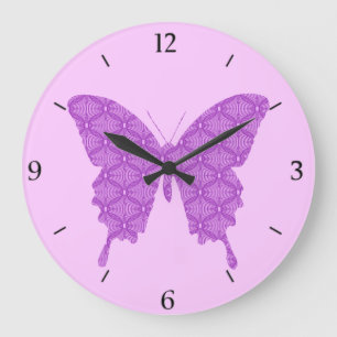 Grande Horloge Ronde Papillon, motif de résumé, lavande et pourpre