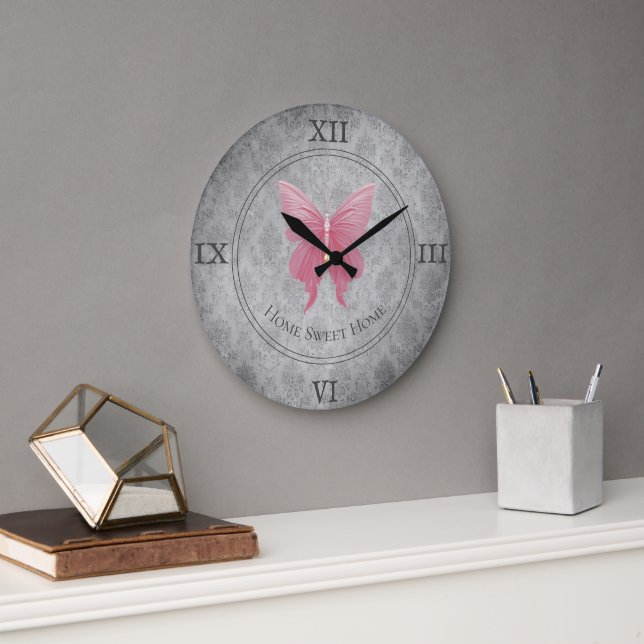 Grande Horloge Ronde Papillon rose bijoux (Bureau)