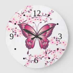Grande Horloge Ronde Papillon Rose Et Fleurs De Cerisiers