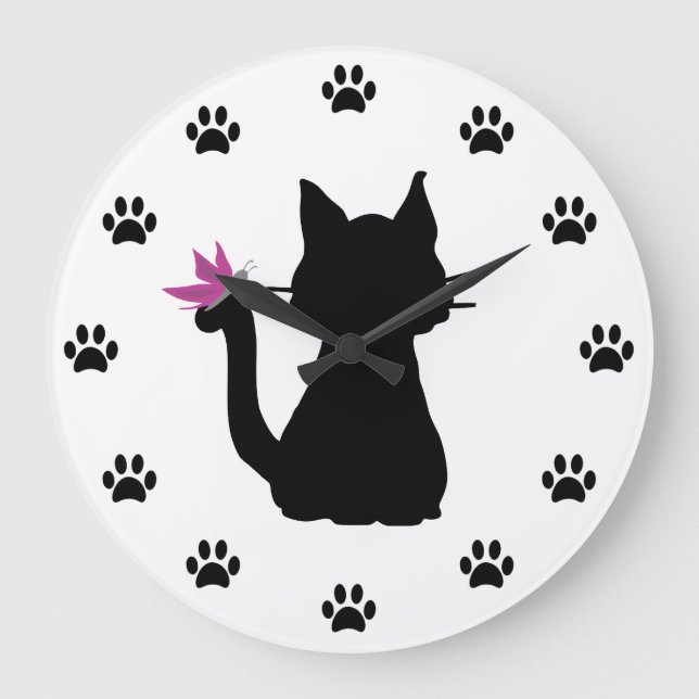 Grande Horloge Ronde Papillon rose Silhouette de chat noir (Recto)