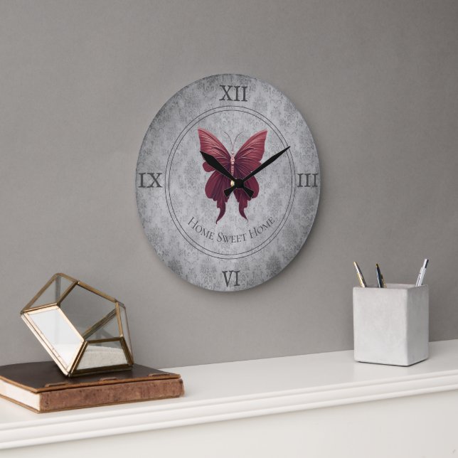 Grande Horloge Ronde Papillon rouge à bijoux (Bureau)