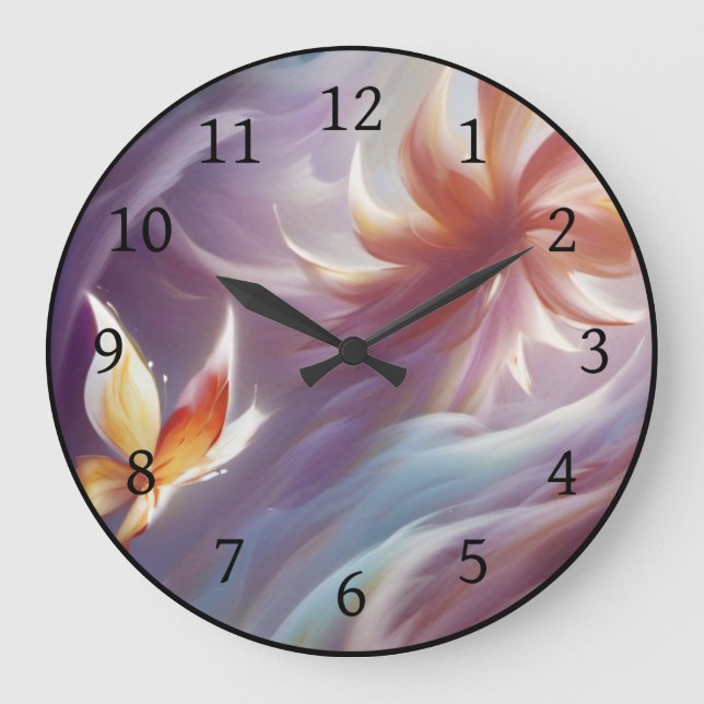 Grande Horloge Ronde Papillon stylisé et fleur (Recto)