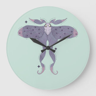 Grande Horloge Ronde Papillon Violet Fantaisiste avec Étoiles Mystiques