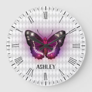 Grande Horloge Ronde Papillon violet magique Personnalisé