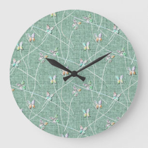 Grande Horloge Ronde Papillons à l'aquarelle sur fond vert menthe