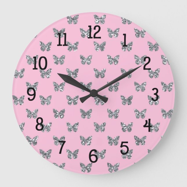 Grande Horloge Ronde Papillons à Parties scintillant rose et argent (Recto)