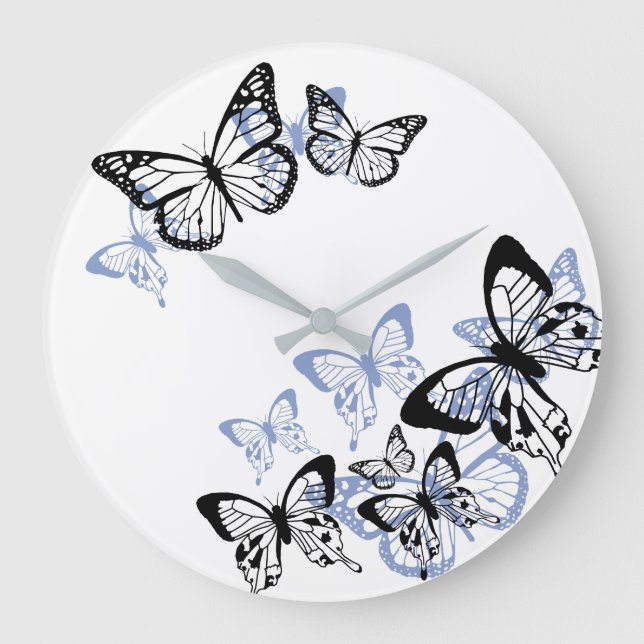 Grande Horloge Ronde Papillons au pochoir bleu-noir (Recto)