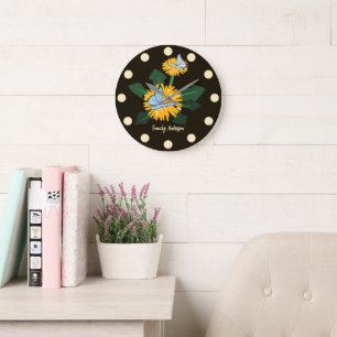 Grande Horloge Ronde Papillons de pissenlit sauvage stylisés Jaune