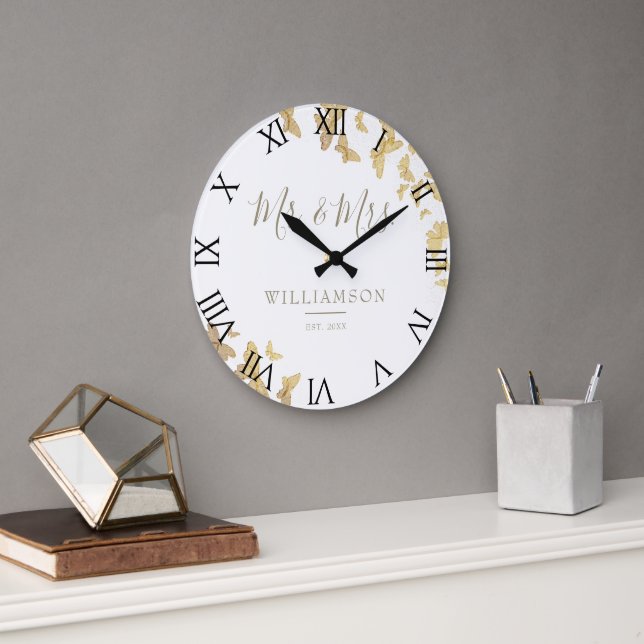Grande Horloge Ronde Papillons d'or Boho Chic Mariage Anniversaire (Bureau)