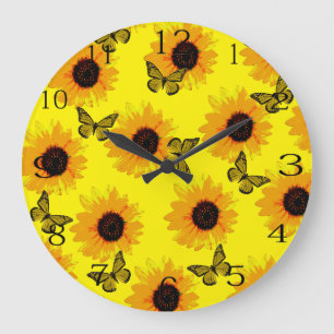 Grande Horloge Ronde Papillons Et Fleurs De Soleil Jaunes, 