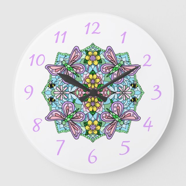 Grande Horloge Ronde Papillons et fleurs violets, roses Mandala (Recto)