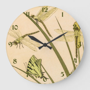 Grande Horloge Ronde Papillons et libellules vintage