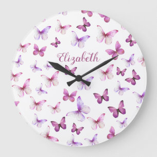 Grande Horloge Ronde Papillons rose jolie Nom personnalisé