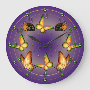 Grande Horloge Ronde Papillons sur violet riche