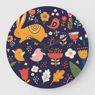 Grande Horloge Ronde Pâques du printemps : fleurs, collection de lapins