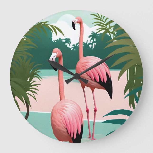 Grande Horloge Ronde Paradis du Flamant rose tropical (Recto)
