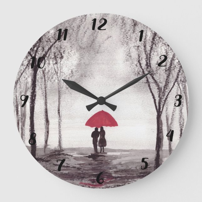 Grande Horloge Ronde Parapluie rouge amour couple rustique romantique v (Recto)