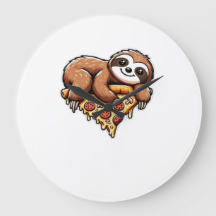 Grande Horloge Ronde Paresseux drôle mangeant Pizza, Animal Kawaii Amou
