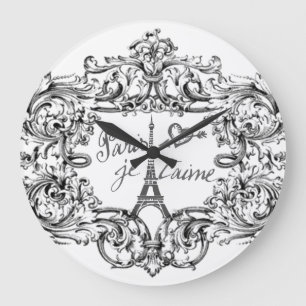 Grande Horloge Ronde "Paris Je T'aime" Eiffel Tower Scroll Print