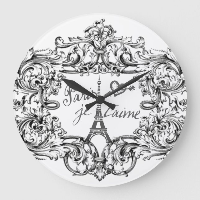 Grande Horloge Ronde "Paris Je T'aime" Eiffel Tower Scroll Print (Recto)