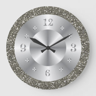Grande Horloge Ronde Parties scintillant argentée stylée en gris mét