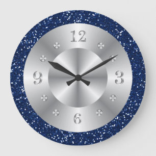 Grande Horloge Ronde Parties scintillant Bleue Chic Numéros d'argent G