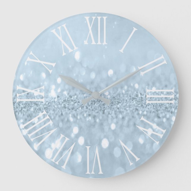 Grande Horloge Ronde Parties scintillant Bleue Gris Métallique Argent R (Recto)