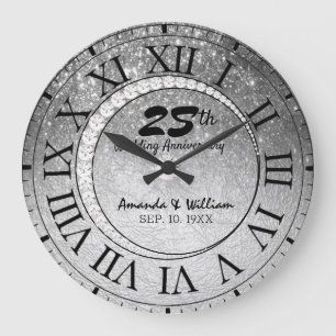 Grande Horloge Ronde Parties scintillant d'argent élégante 25e annive