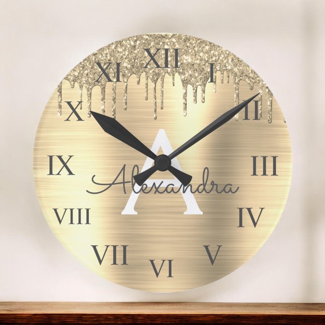 Grande Horloge Ronde Parties scintillant d'or brossé Nom du monogramme  (Créateur téléchargé)