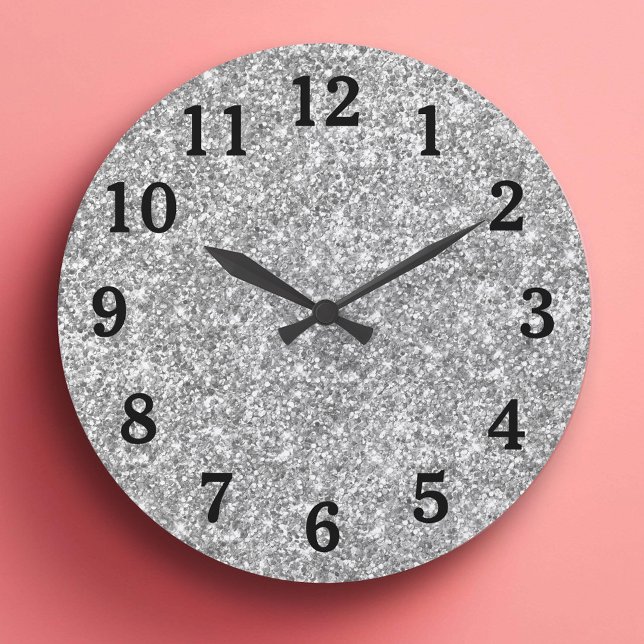 Grande Horloge Ronde Parties scintillant en argent - photo numérique no (Silver Glitter Photo Black Numbers Large Clock)