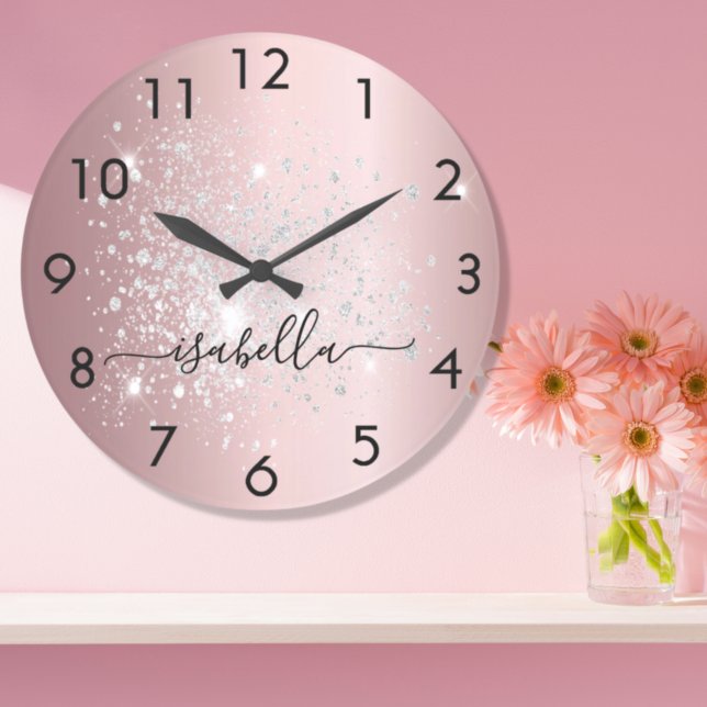 Grande Horloge Ronde Parties scintillant en argent rose pâle, en métal  (Créateur téléchargé)