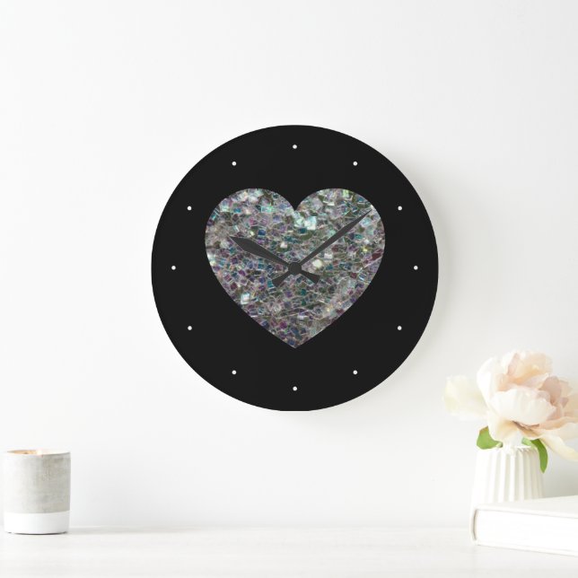 Grande Horloge Ronde Parties scintillant en mosaïque d'argent brillant  (Maison)