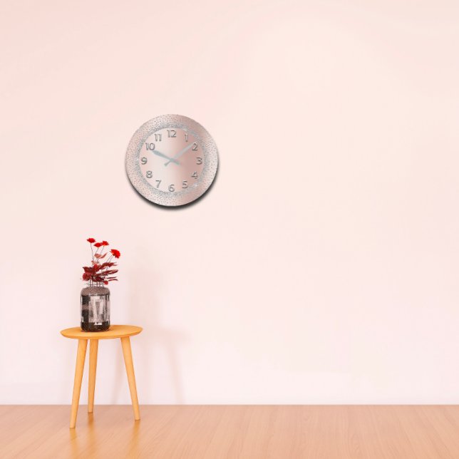 Grande Horloge Ronde Parties scintillant Gris Rose Gold Numéros Blush B (Glitter Grey Rose Gold Numbers Blush Beauty Lux Large Clock)