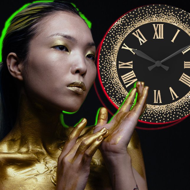 Grande Horloge Ronde Parties scintillant Noire Or Champaigne Faux chiff (Black Glitter Gold Champaigne Faux Roman Numbers Large Clock)