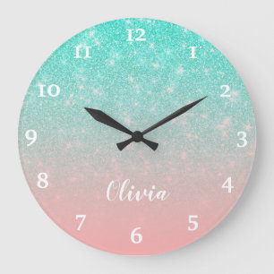 Grande Horloge Ronde Parties scintillant rose à la menthe personnalis