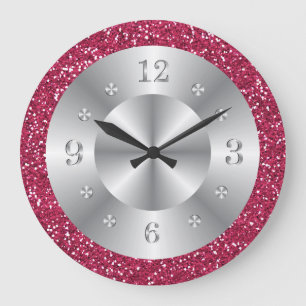 Grande Horloge Ronde Parties scintillant rose élégante Numéros d'arg