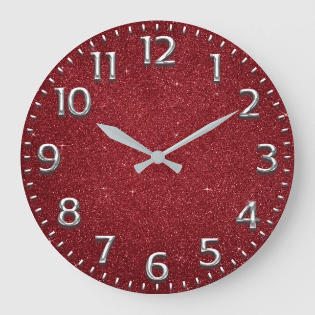 Grande Horloge Ronde Parties scintillant Rouge Arabe Numéros Métal Vin  (Recto)